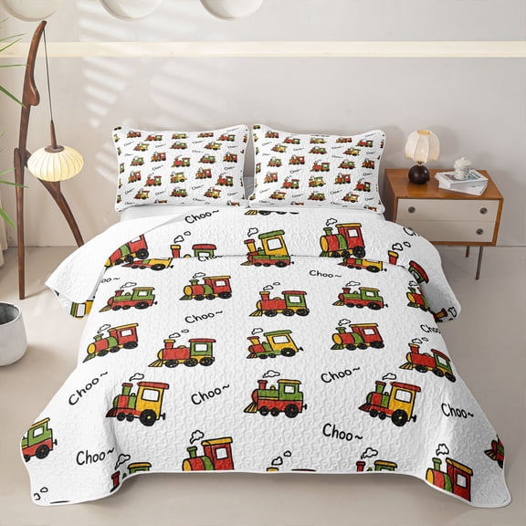 Castle Fairy Cartoon Doodle Train Quilt Full,Whimsical Engine Print Full Bedspread Sets for Bedroom,Red Green Yellow White