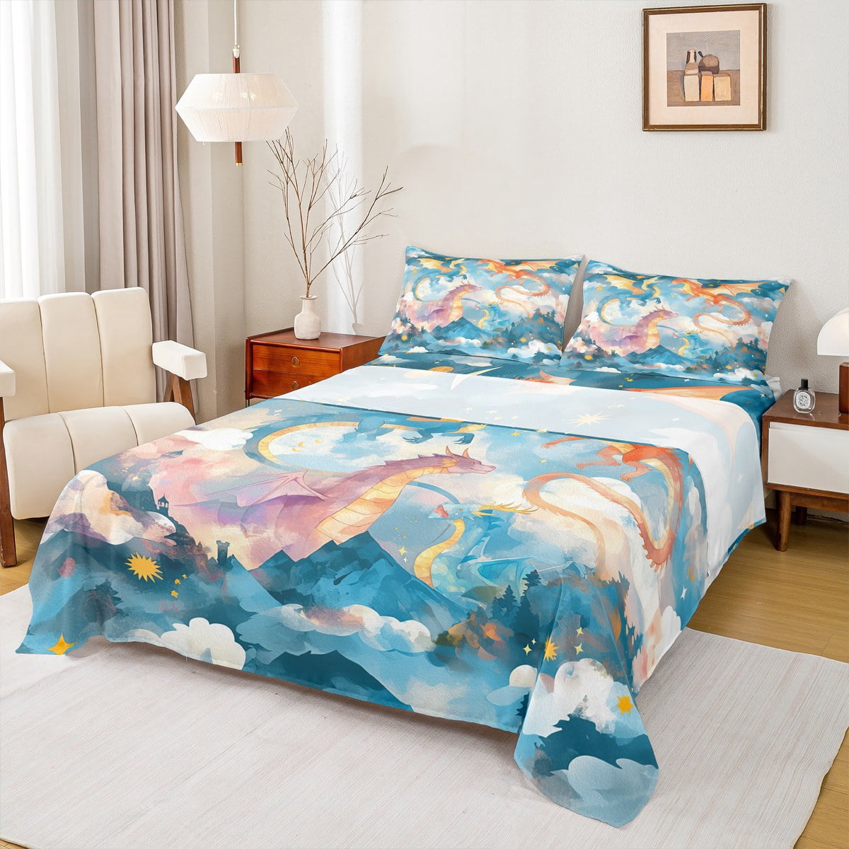 Abstract Sheet Set Castle Fairy Cartoon Dragon 4pcs Bed Sheets,Abstract Vintage King ...