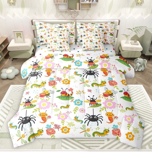 Castle Fairy Cartoon Dragonflies Honeybee Bedding Comforter Set 7 Pieces for Boys Girls,Colorful Animal Full Bedding Set Lightweight,Kawaii Groovy Floral Flowers Fitted Sheet Flat Sheet