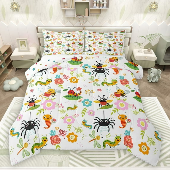 Castle Fairy Cartoon Dragonflies Honeybee Full Size Comforter Sets 3-Piece for Boys Girls,Colorful Animal Bedding Comforter Set,Kawaii Groovy Floral Flowers Lightweight Bedding Sets