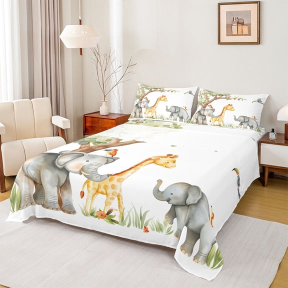 Castle Fairy Cartoon Elephants Giraffe Bed Sheets,Cute Wildlife King Sheets