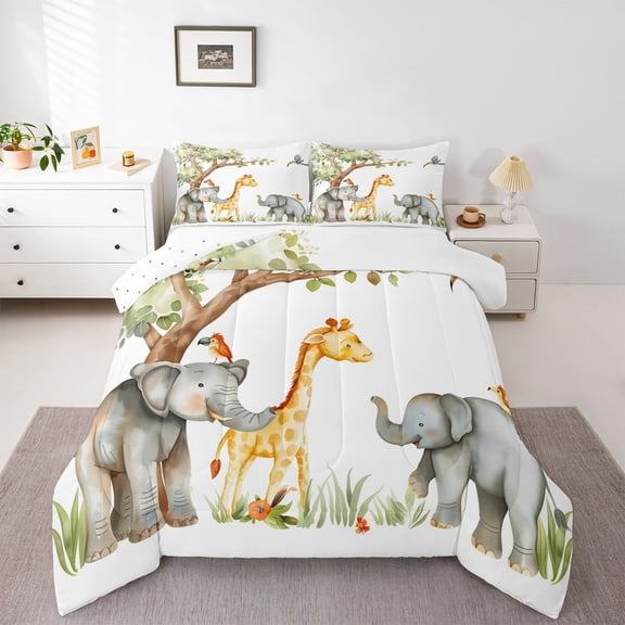 Castle Fairy Cartoon Elephants Giraffe Twin Comforter Sets,Cute Wildlife Bedding Set