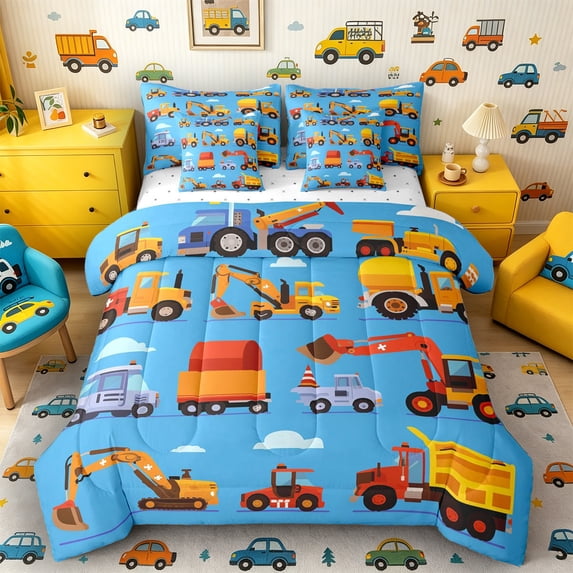Castle Fairy Cartoon Engineering Vehicle Bedding Comforter Set 7 Pieces for Boys, Cute Crane Mixer Truck Full Bedding Set for Bedroom, Light Blue