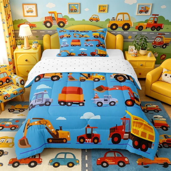 Castle Fairy Cartoon Engineering Vehicle Twin Comforter Sets 3-Piece for Boys, Cute Crane Mixer Truck Bedding Set for Bedroom, Light Blue