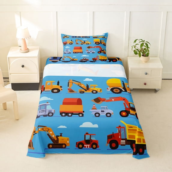 Castle Fairy Cartoon Engineering Vehicle Twin Sheet Sets 3pcs for Boys, Cute Crane Mixer Truck Bedding for Bedroom, Light Blue