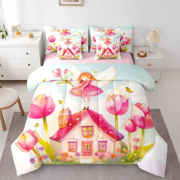 Castle Fairy Cartoon Fairy Twin Bedding Sets,Cute Floral Castle Bedding Comforter Set