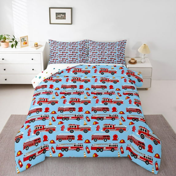 Castle Fairy Cartoon Fire Truck 3 Pieces Queen Comforter Set for Preppy Kids Children,Firefighter Car Ultra Soft Bedding Sets,Blue Red Bedding Comforter Set Breathable,Luxury Bedroom Decor