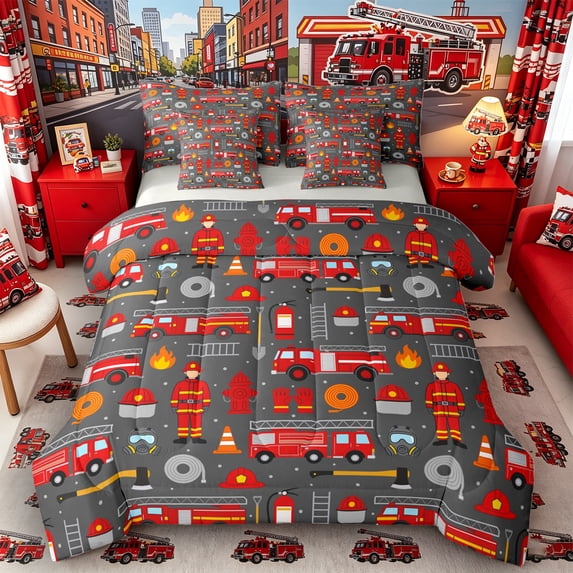 Castle Fairy Cartoon Fire Truck Print Bedding Comforter Set 7 Pieces for Teens, Firefighter Seamless Full Bedding Set for Kids Bedroom, Red Gray,Grey Reversible