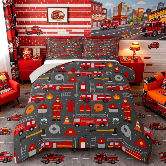 Castle Fairy Cartoon Fire Truck Print Queen Comforter Set 3pcs for Teens, Firefighter Seamless Bedding Comforter Set for Kids Bedroom, Red Gray,Grey Reversible