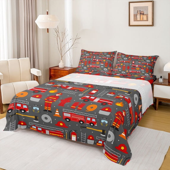 Castle Fairy Cartoon Fire Truck Print Queen Sheet Sets 4 Pieces for Teens, Firefighter Seamless Bed Set for Kids Bedroom, Red Gray