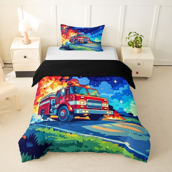 Castle Fairy Cartoon Fire Truck Twin Bedding for Toddlers, Night Flame Print Duvet Cover Set for Bedroom, Red Blue,Black Reversible,2pcs,No Comforter