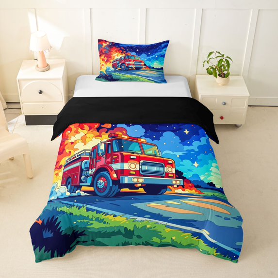 Castle Fairy Cartoon Fire Truck Twin Bedding for Toddlers, Night Flame Print Duvet Cover Set for Bedroom, Red Blue,Black Reversible,2pcs,No Comforter