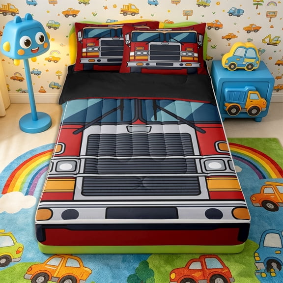 Castle Fairy Cartoon Fire Truck Zipper Full Size Comforter Sets with Fitted Sheet and 2 Pillowcases,Bold Red Front View Zipper Bedding Set,Red Yellow,4pcs,Black Reversible