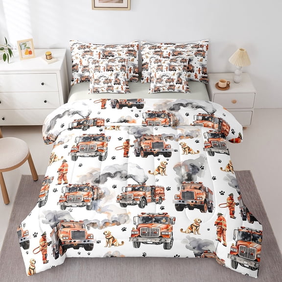 Castle Fairy Cartoon Firefighter Car Bedding Comforter Set,Fire Truck King Bedding Sets