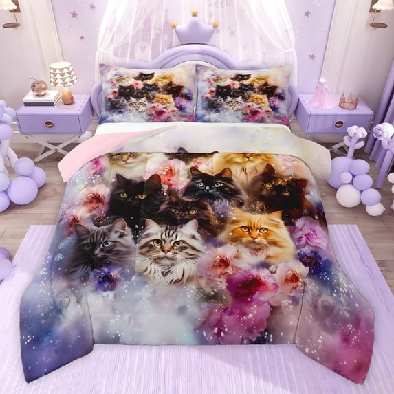 Castle Fairy Cartoon Floral Cats Twin Comforter Sets,Vintage Flowers Bedding Set
