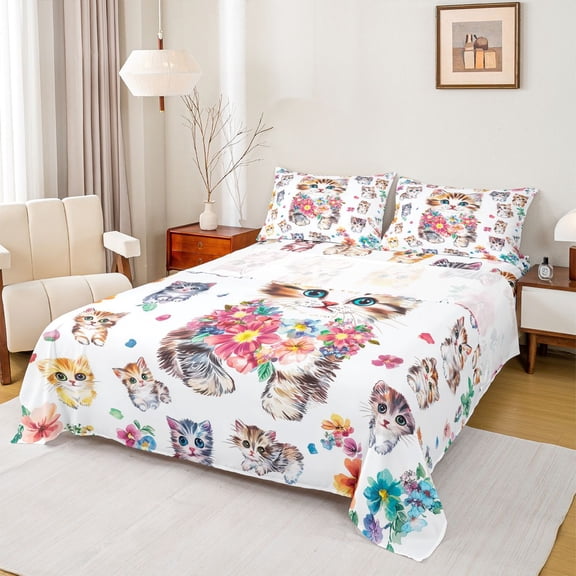 Castle Fairy Cartoon Floral Cats Twin Sheet Sets for Kids Children,Flowers Pet Bedding