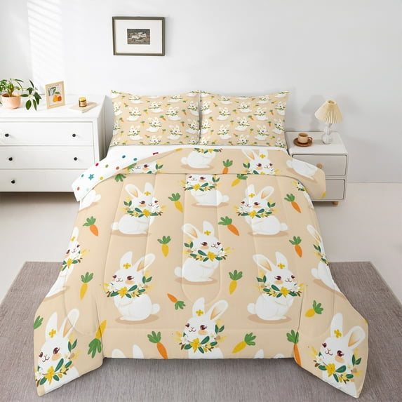 Castle Fairy Cartoon Floral Rabbit 2Pcs Bedding Comforter Set for Girls Boys Children,Kawaii Carrot Twin Comforter Sets,Cute Animal Breathable Bedding Set,Lightweight Room Decor