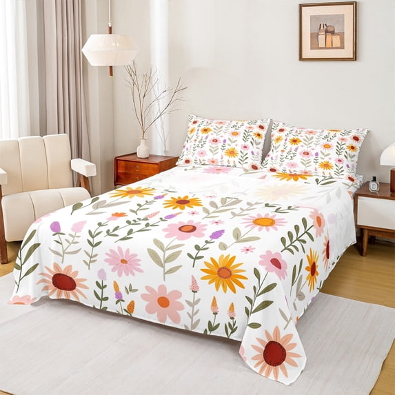 Castle Fairy Cartoon Flower 3pcs Twin Sheet Sets,Spring Garden Twin Fitted Sheet,Pink Yellow Breathable Flat Sheet,Super Cozy Botanical Room Decor