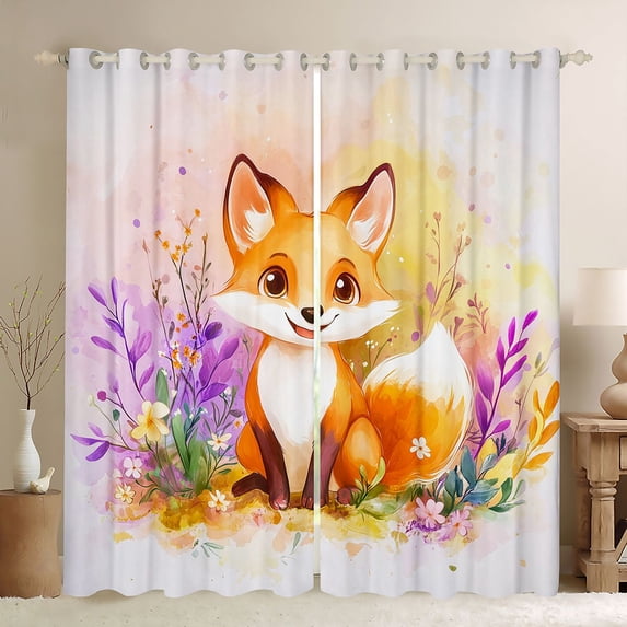 Castle Fairy Cartoon Fox Black Out Curtains,Kawaii Floral Curtains Pack of 2 (42x63 Each)