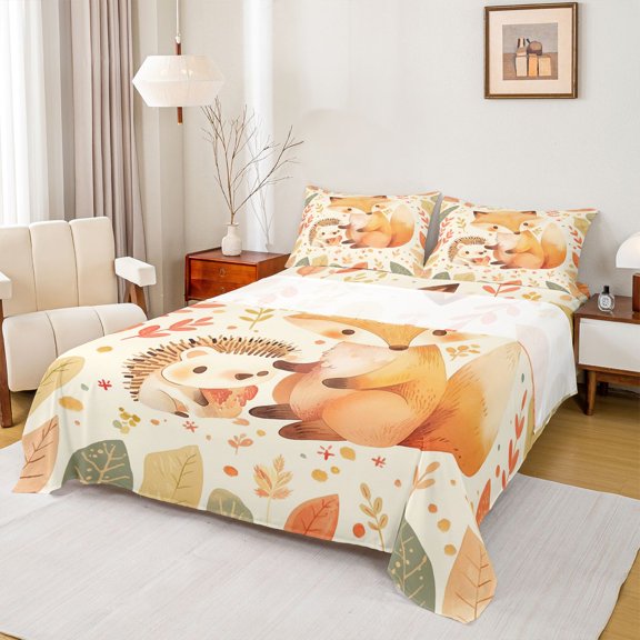 Castle Fairy Cartoon Fox Hedgehog Twin Sheet Sets 3pcs for Preppy Child,Kawaii Jungle Animal Twin Fitted Sheet Microfiber,Happy Autumn Fall Breathable Flat Sheet,Microfiber Bedroom Decor