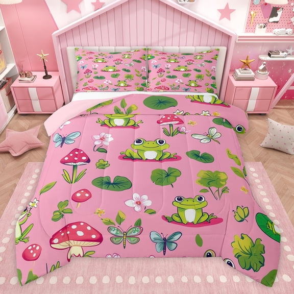 Castle Fairy Cartoon Frog Butterfly Queen Comforter Set,Mushroom Bedding Comforter Set
