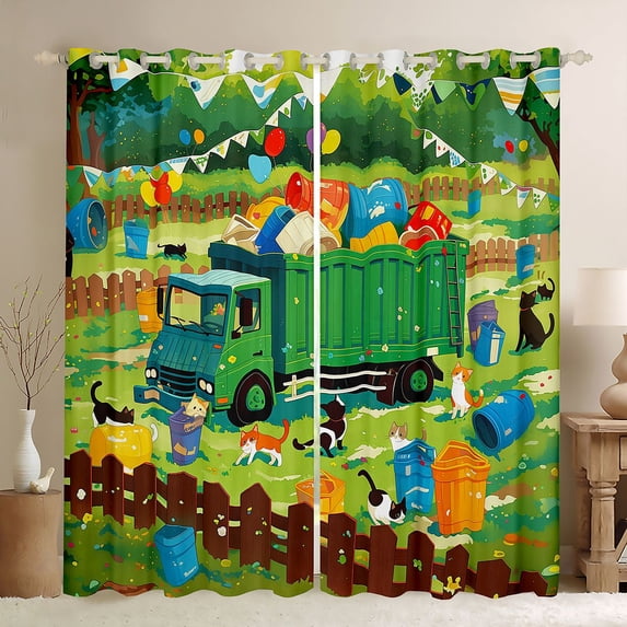 Castle Fairy Cartoon Garbage Truck Black Out Curtains for Teens, Playful Cat Party Curtains Pack of 2 (42x63 Each) for Bedroom, Green Blue Orange