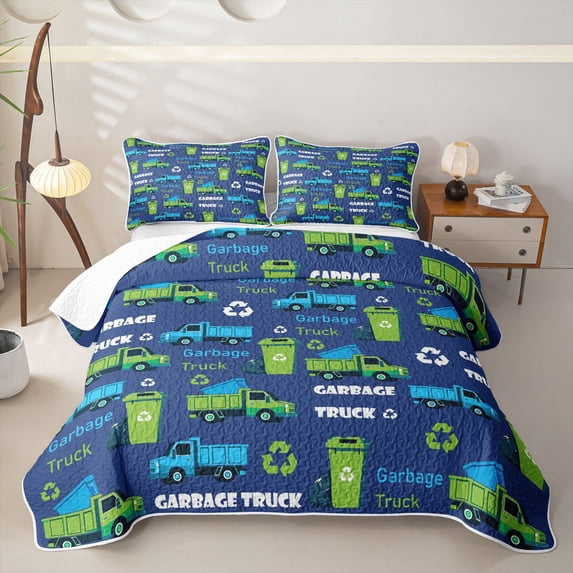 Castle Fairy Cartoon Garbage Truck Quilt Full,Recycle Bin Print Full Bedspread Sets,Green Blue