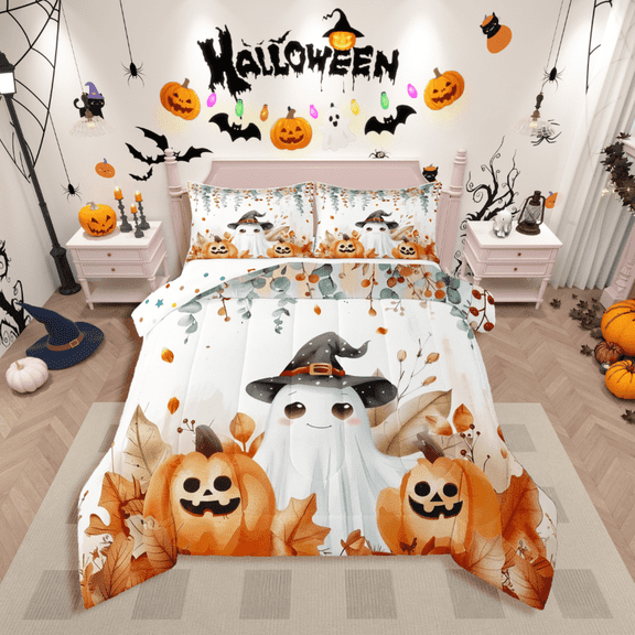 Castle Fairy Cartoon Ghost 2pcs Bedding Comforter Set,Orange Pumpkin Twin Comforter Sets,Tree Leaves Breathable Bedding Set,Ultra Soft Halloween Home Decor,Reversible