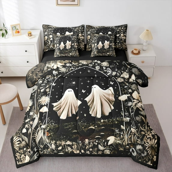 Castle Fairy Cartoon Ghost 7pcs Bedding Comforter Set,Starry Sky Queen Bedding Sets Super Cozy,Happy Halloween Queen Sheet Sets,Lightweight Floral Room Decor,Reversible
