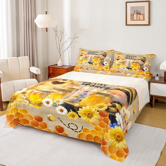 Castle Fairy Cartoon Gnome 4 Pieces Queen Sheet Sets,Flower Daisy Ultra Soft Flat Sheet,Floral Honeycomb Queen Fitted Sheet,Super Cozy Rustic Room Decor