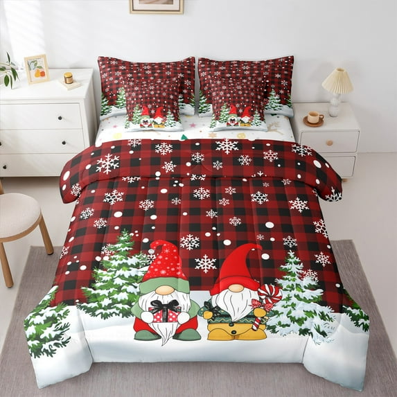 Castle Fairy Cartoon Gnome 7 Pieces Bedding Comforter Set for Kids,Christmas Tree Full Bedding Set Lightweight,Geometric Plaid Fitted Sheet Flat Sheet,Super Cozy Room Decor