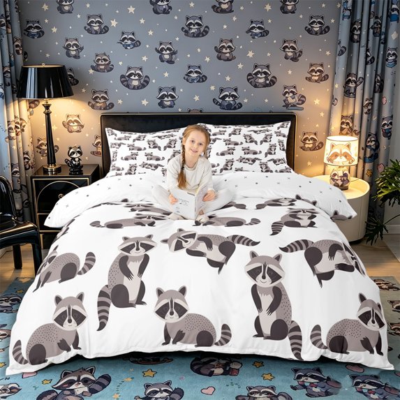Castle Fairy Cartoon Gray Raccoon Bedding for Boys,Kawaii Animal Duvet Cover Full,Gray Black,Reversible,3pcs,No Comforter,1 Duvet Cover and 2 Pillowcases