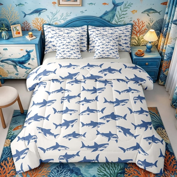 Castle Fairy Cartoon Grinning Shark Full Size Bedding Sets 7 Pieces,Repeating Ocean Predator Pattern Full Size Bed in a Bag,Blue Cream,Grey Reversible