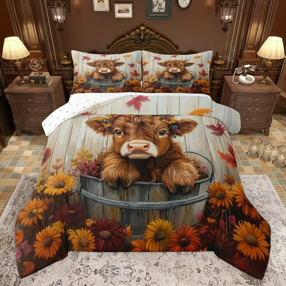 Castle Fairy Cartoon Highland Cow 3 Pieces Queen Comforter Set for Kids Teens Adults,Chic Flowers Vintage Cabin Ultra Soft Bedding Sets,Rustic Farmhouse Animal Bedding Comforter Set Breathable