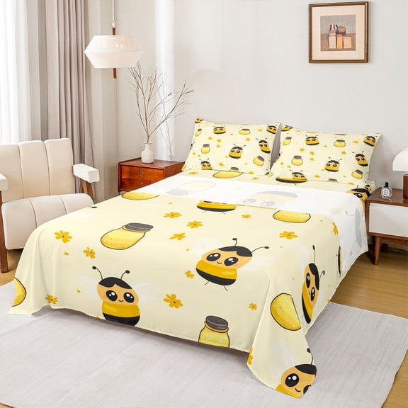 Castle Fairy Cartoon Honeybee Twin Sheet Sets,Yellow Floral Flowers Bedding