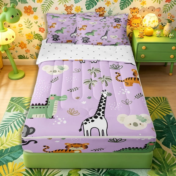 Castle Fairy Cartoon Jungle Animal Zipper Queen Comforter Set with Fitted Sheet and 2 Pillowcases,Monkey Zebra Giraffe Zipper Bedding Set,Lavender Pink,Reversible,4 Pieces