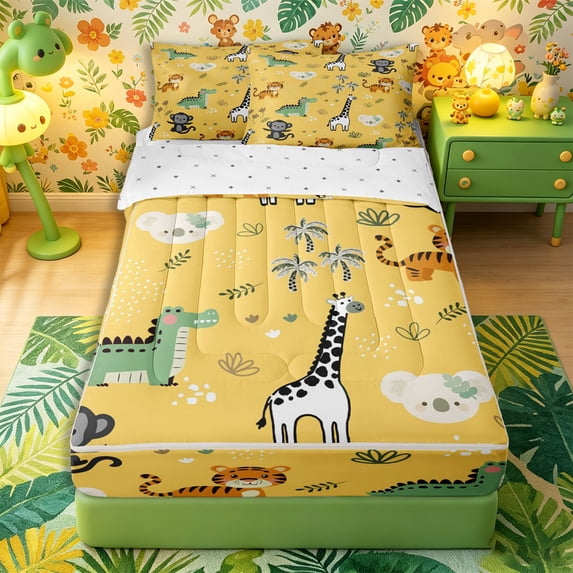 Castle Fairy Cartoon Jungle Animal Zipper Twin Comforter Sets with Fitted Sheet and 2 Pillowcases,Monkey Zebra Giraffe Zipper Bedding Set,Mustard Yellow Green,Reversible,4-Piece