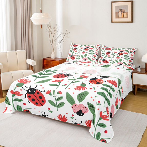 Castle Fairy Cartoon Ladybird Bed Sheets,Chic Floral Flowers King Sheets