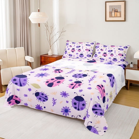 Castle Fairy Cartoon Ladybird Twin Sheet Sets,Chic Floral Flowers Bedding