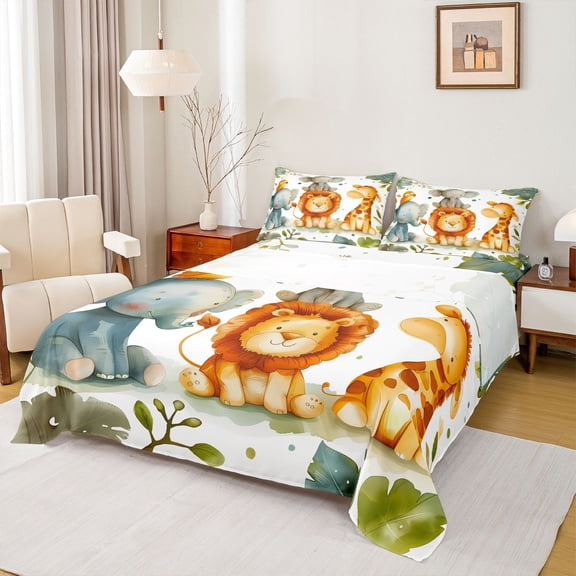 Castle Fairy Cartoon Lion Elephant Giraffe Twin Sheet Sets,Botanical Leaves Bedding
