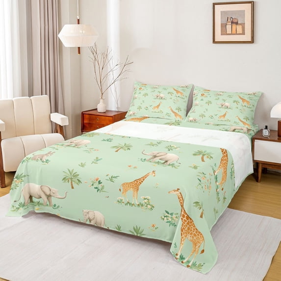 Castle Fairy Cartoon Lion Giraffe Elephant 4 Pieces Queen Sheet Sets for Preppy Child,Jungle Animal Ultra Soft Flat Sheet,Chic Floral Wildlife Queen Fitted Sheet,Breathable Home Decor