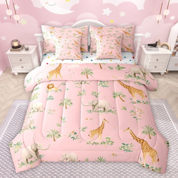 Castle Fairy Cartoon Lion Giraffe Elephant Bedding Comforter Set 7-Piece for Preppy Child,Jungle Animal King Bedding Sets,Chic Floral Wildlife Ultra Soft Bed Sheets,Breathable Home Decor,Reversible