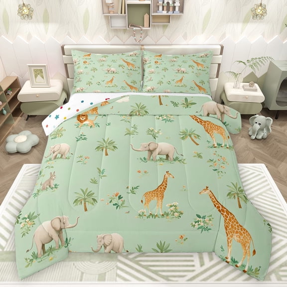 Castle Fairy Cartoon Lion Giraffe Elephant Full Size Comforter Sets 3-Piece for Preppy Child,Jungle Animal Bedding Comforter Set,Chic Floral Wildlife Lightweight Bedding Sets,Breathable Home Decor