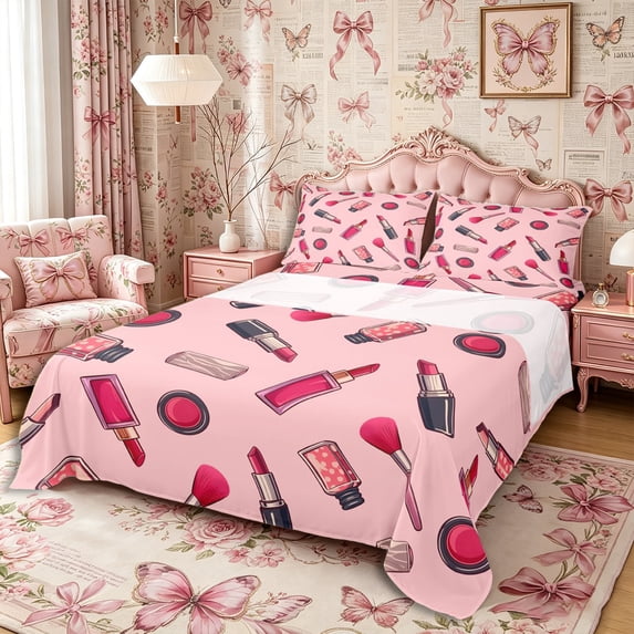 Castle Fairy Cartoon Lipstick Nail Polish Print King Sheets 4pcs,Cute Blush Makeup Brush Pattern Bedding,Pink Black,1 Fitted Sheet, 1 Flat Sheet and 2 Pillowcases