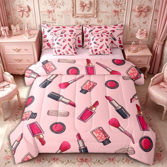 Castle Fairy Cartoon Lipstick Nail Polish Print Queen Bedding 7pcs,Cute Blush Makeup Brush Pattern Bedding Comforter Set Queen,Pink Black,Grey Reversible