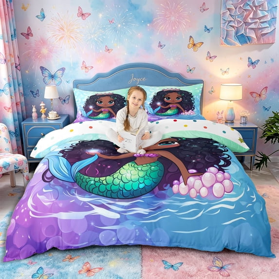 Castle Fairy Cartoon Marine Mermaid Bedding,Kawaii Ocean Bubbles Duvet Cover Full,Blue,1 Duvet Cover and 2 Pillowcases