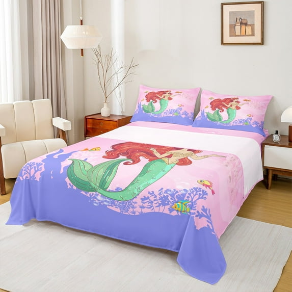 Castle Fairy Cartoon Mermaid 3pcs Twin Sheet Sets,Ocean Princess Twin Fitted Sheet,Kawaii Castle Breathable Flat Sheet,Ultra Soft Sea Home Decor