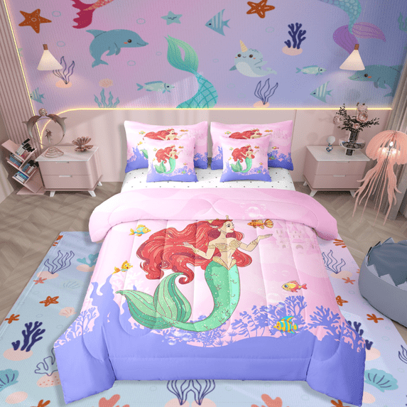 Castle Fairy Cartoon Mermaid 7 Pieces Bedding Comforter Set,Ocean Princess Full Bedding Set Lightweight,Kawaii Castle Fitted Sheet Flat Sheet,Ultra Soft Sea Home Decor