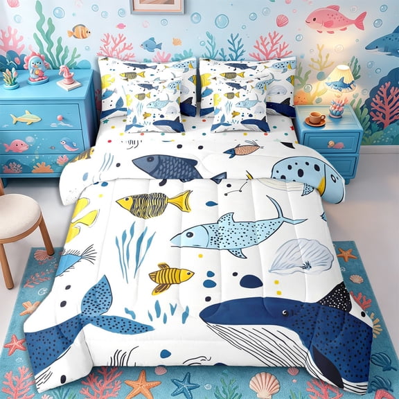 Castle Fairy Cartoon Mixed Sea Fish Full Size Bedding Sets 7 Pieces,Spotted Whale Underwater Print Full Size Bed in a Bag,Blue Yellow,Reversible
