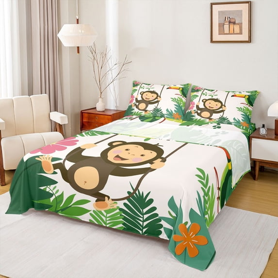 Castle Fairy Cartoon Monkey Parrot Queen Sheet Sets,Tropical Floral Leaves Bed Set